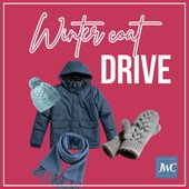 winter coat drive ad with a coat, scarf and glove on the image