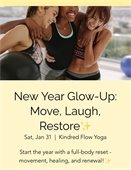 new year glow up ad with three women standing and hugging at the top