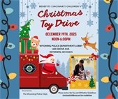 christmas toy drive ad with blue backdrop and santa driving a red truck