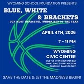 blue background with green ballroom graphic with info on the event