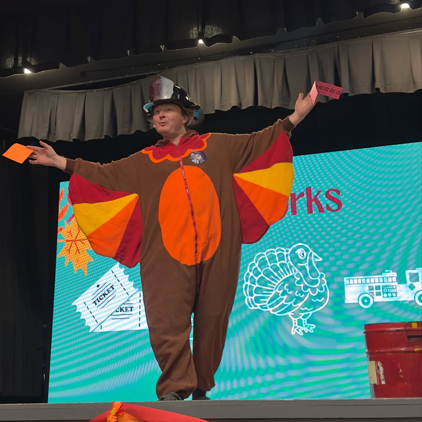 Man dressed in turkey costume